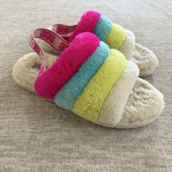 UGG Shoes - UGG Fluff Yeah Slide Stripe Neon Multi Rainbow Plush Slippers Womens US 6